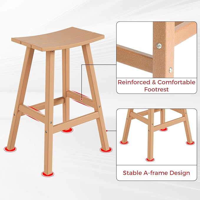 Costaelm All-Weather Bar Stools Set of 2, 29" Height Outdoor Bar Stools, Adirondack Poly Patio Bar Stool for Patio, Deck, Kitchen Counter and Garden, Teak