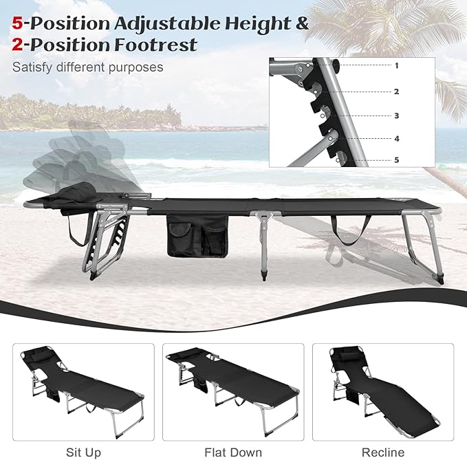 GYMAX Tanning Chair, Folding Lounger with Face/Arm Holes, Carry Handles & Side Pocket - Photo 6