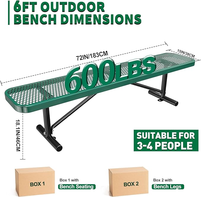 6FT Park Benches for 2-4 People, Weatherproof Commercial Garden Bench, Iron Steel Frame Patio Heavy Duty Mesh Rectangular Outdoor Benches for Outside, Lawn, Yard, Porch Work Entryway