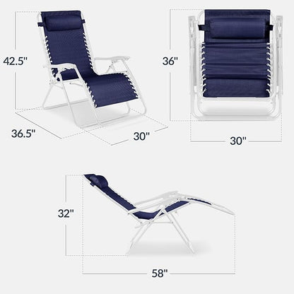 Best Choice Products Set of 2 Extra Wide Adjustable Steel Mesh Zero Gravity Lounge Chair Recliners w/Pillows and Cup Holder Trays - Navy/White