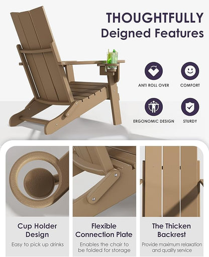 Folding Adirondack Chairs, All-Weather Resistant HDPE Patio Firepit Chairs, Sturdy Outside Chairs with Cup Holder, Pre-Installed Lawn Chairs Load Capacity 385lb, Weathered Wood
