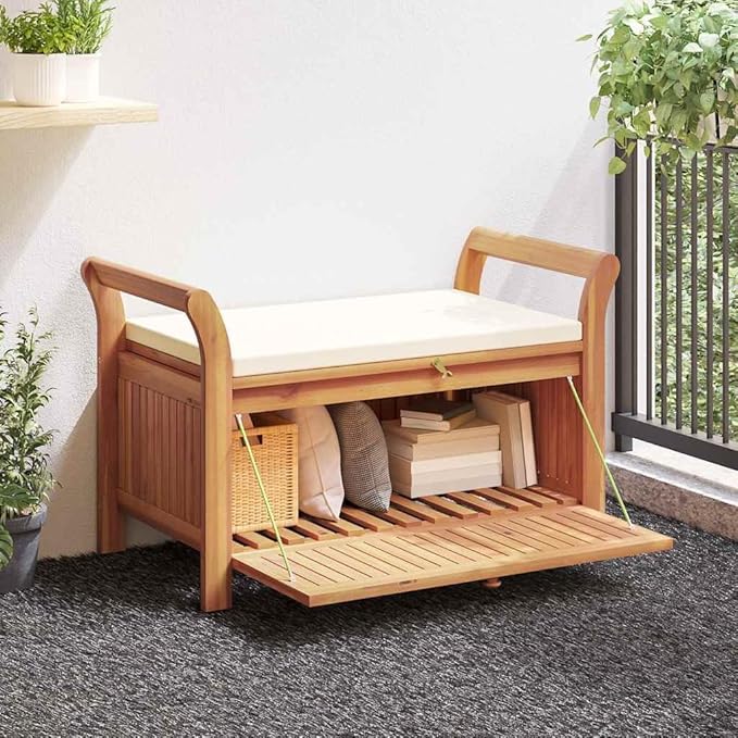 Outdoor Storage Bench with Cushion, Solid Acacia Wood Garden Seating for Patio, Deck, and Backyard, 2-Seater Wooden Storage Box, Cream White