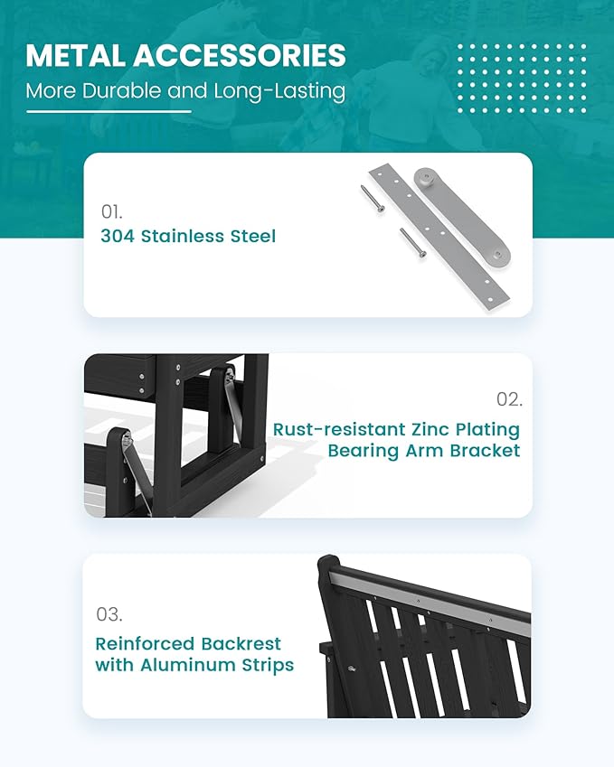 SERWALL Outdoor Glider Bench Set of 2, HDPE Weather-Resistant Swinging Bench for Backyard Garden Porch, Black - Photo 5