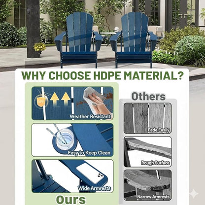 GOWE Adirondack Chairs Set of 2, Plastic Adirondack Chair, Adirondack Chairs, HDPE Adirondack Chair, Folding Adirondack Chairs, Outdoor Chairs with Cup Holder for Lawn Patio Deck Fire Pit -Dark Blue