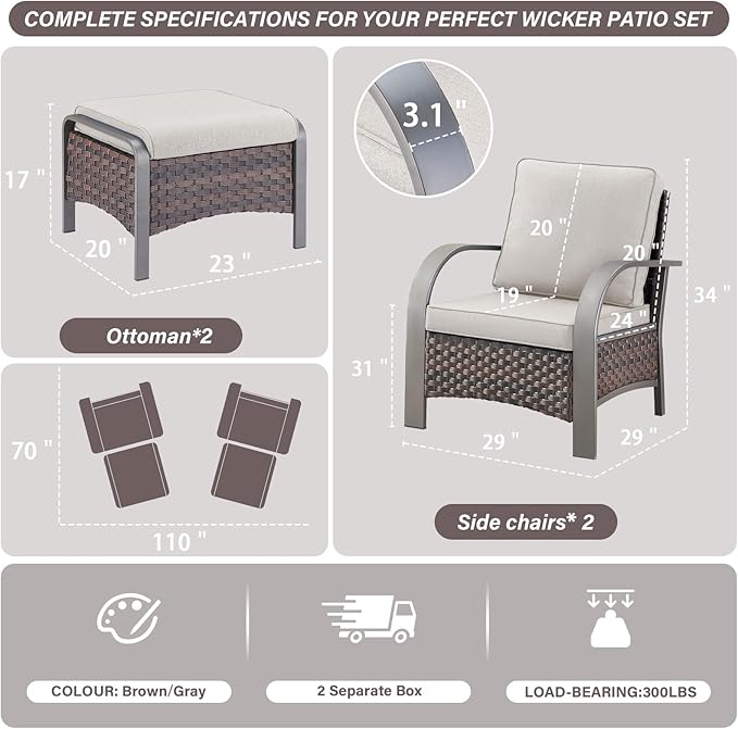 Belord 4 Pieces Wicker Patio Furniture Set Outdoor Patio Chairs with Ottomans All Weather Rattan Outdoor High Back Deep - Photo 3