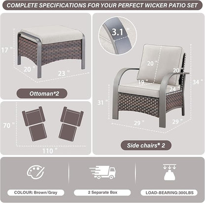 Belord 4 Pieces Wicker Patio Furniture Set Outdoor Patio Chairs with Ottomans All Weather Rattan Outdoor High Back Deep Seating Furniture for Porch Deck Sunroom Backyard