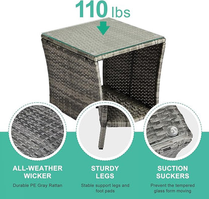 Outdoor Patio Wicker Side Table, Square PE Rattan End Table Bistro Coffee Table with Glass Top Storage Shelf for Porch Garden Backyard Grey