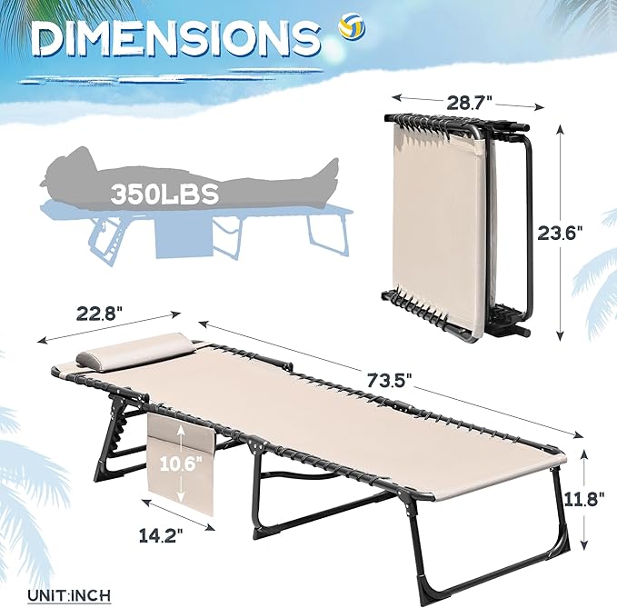 Devoko Lounge Beach Chair for Adults, Outdoor Sun Tanning Chair, Portable Folding Camping Lay Chaise Lounge Chairs for Outside Beach Pool Reading, Sunbathing (1, Beige)