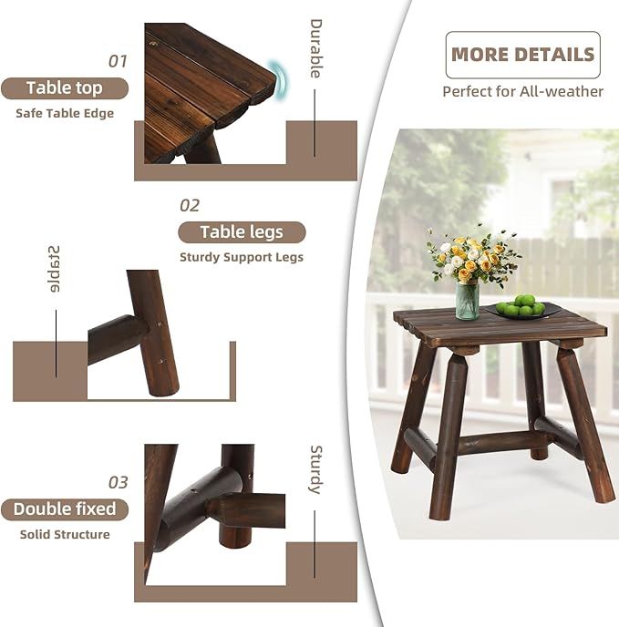 Outdoor Adirondack Log Side Table, 19.5" Thick Wooden Patio Square End Table with Slatted Tabletop, Solid Wood Rustic Accent Table for Indoor & Garden Deck Porch Balcony Backyard, Carbonized