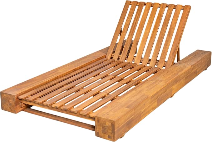 Merax Outdoor Acacia Wood Chaise Lounge Frame Only - Patio Recliner Chair with Adjustable Backrest and Flat Storage Surface (Cushion Not Included)
