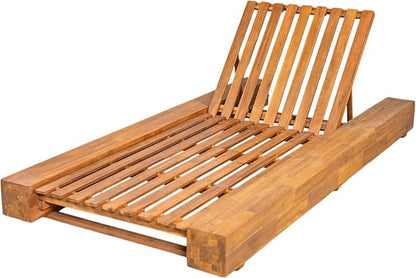 Merax Outdoor Acacia Wood Chaise Lounge Frame Only - Patio Recliner Chair with Adjustable Backrest and Flat Storage Surface (Cushion Not Included)