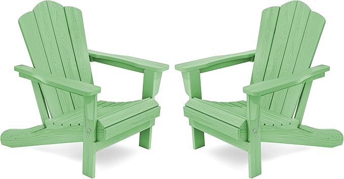 KINGYES Folding Adirondack Chair Set of 2, HDPE All-Weather Folding Adirondack Chair, Light Green
