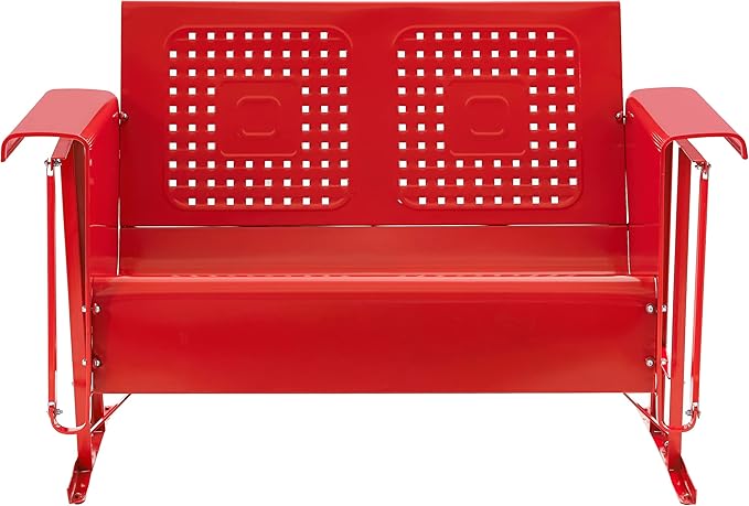 Crosley Furniture Bates Retro Metal Outdoor Loveseat Glider, 2-Person Rocking Patio Bench for Porch, Deck, Bright Red Gloss
