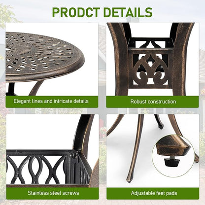 Outvita Patio Side Table, 30.7in Outdoor Round Cast Aluminum Bistro Table with Umbrella Hole and Antique Design for Backyard Porch Pool Balcony Deck Bronze