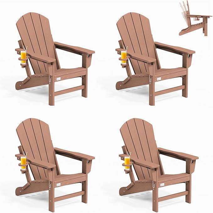 Mdeam 3-Position Adjustable Adirondack Chairs Set of 4, 400LBS Capacity, Cup Holder, Wooden Textured, All-Weather HDPE Folding Fire Pit Outdoor Chairs for Poolside Deck Patio Garden Yard Lawn - Teak