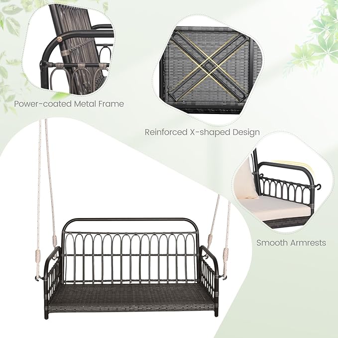 DORTALA 2-Person Porch Swing Outdoor, Patio Wicker Hanging Swing Bench with Cushions, Metal Frame, Ropes - Photo 4