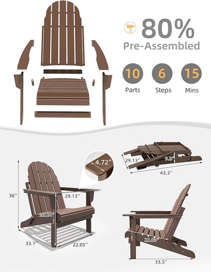 Folding Adirondack Chair - Durable HDPE Poly Lumber All-Weather Resistant, Foldable Oversized Balcony Porch Patio Outdoor Chair for Lawn, Backyard, Deck, Garden, Camping - Easy Installation, Teak