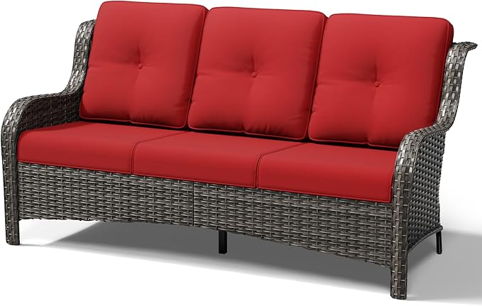 Joyside Outdoor Patio Couch, 3 Seater Outdoor Wicker Sofa with High Back, Deep Seating, Wide Armrest, Thickened Cushions - Photo 8
