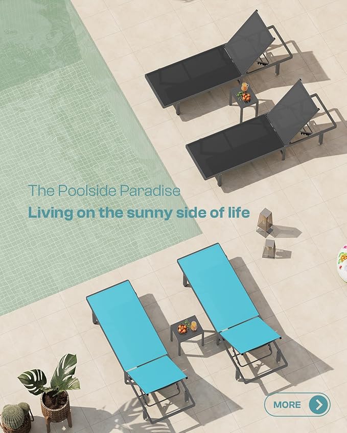 Pool Lounge Chairs Set of 3 (2 Loungers + 1 Side Table)，Outdoor Lounge Chairs with Wheels and 5-Position Recliner, Aluminum Patio Lounge Chair for Poolside, Deck (Black)