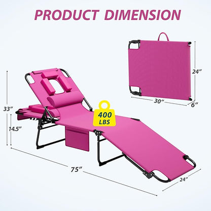 400lbs Tanning Chair, 5-Fold Beach Lounge Chair with Face Hole & 2 Side Pockets, Non-Slip Foot & Portable Handle, Beach Chaise Lounge for Patio/Pool/Lawn(1, Pink)