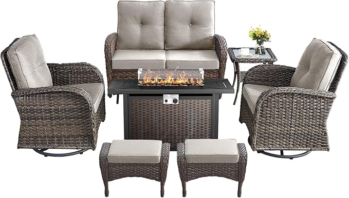 7 Pieces Outdoor Furniture with Fire Pit Deep Seating Outdoor Glider Loveseat with Patio Swivel Chairs Outdoor Furniture Set for Deck Porch Garden Balcony Poolside-Brown/Beige