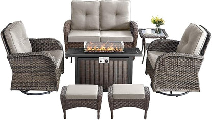 7 Pieces Outdoor Furniture with Fire Pit Deep Seating Outdoor Glider Loveseat with Patio Swivel Chairs Outdoor Furniture Set for Deck Porch Garden Balcony Poolside-Brown/Beige