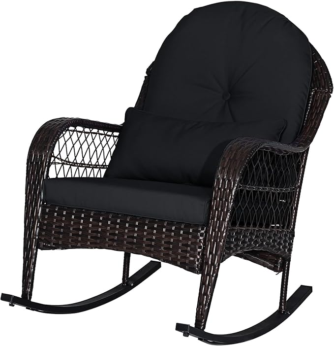 ORALNER Wicker Patio Rocking Chair, Outdoor PE Rattan Rocker with Seat and Back Cushion, Waist Pillow, Armrests, Garden Chair for Porch, Backyard, Poolside, Deck (1, Black)