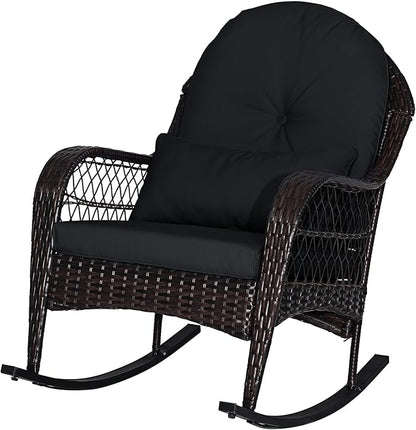 ORALNER Wicker Patio Rocking Chair, Outdoor PE Rattan Rocker with Seat and Back Cushion, Waist Pillow, Armrests, Garden Chair for Porch, Backyard, Poolside, Deck (1, Black)