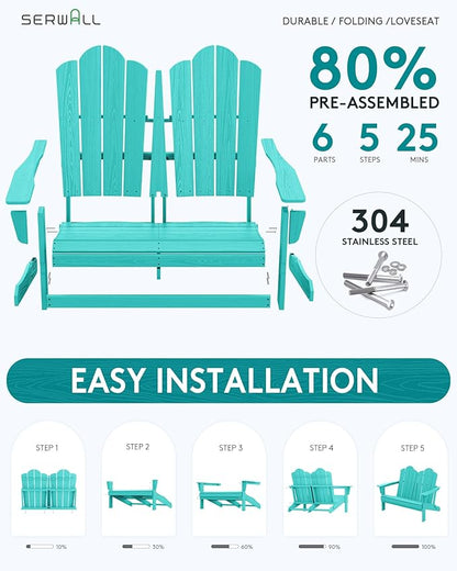 SERWALL Folding Adirondack Bench, HDPE All-Weather Adirondack Loveseat Set of 2, Aruba