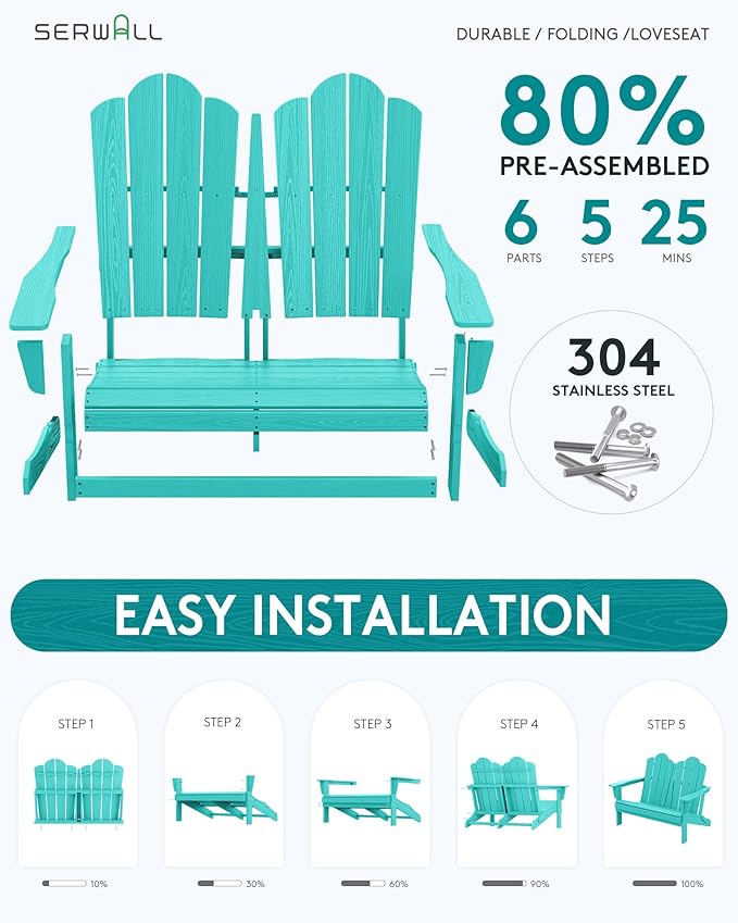 SERWALL Folding Adirondack Bench, HDPE All-Weather Adirondack Loveseat, 660 lbs Capacity - Photo 7