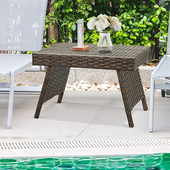 Tangkula Outdoor Folding Wicker Table, Heavy Duty Rattan Foldable Standing Coffee Side Table, for Patio Poolside Lawn Garden Balcony