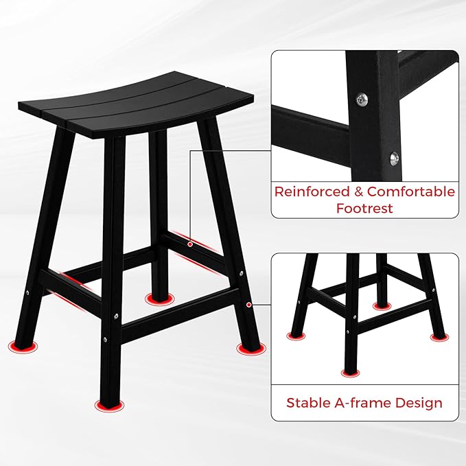 Costaelm All-Weather Bar Stools Set of 3, 24" Height Outdoor Bar Stools, Adirondack Poly Patio Bar Stool for Patio, Deck, Kitchen Counter and Garden, Black