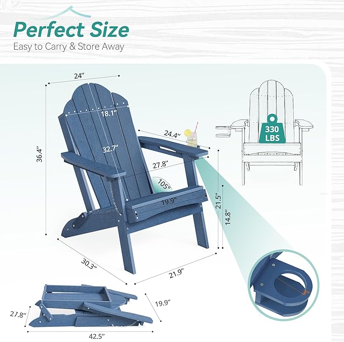 Foldable HDPE Adirondack Chairs Set of 2, Pool, Beachside, Poolside, Weather Resistant Outdoor Chairs, Hidden Cup Holder, Blue