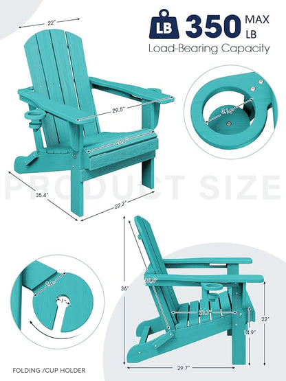 KINGYES Folding Adirondack Chair Set of 2, Dual Cup Holders & All-Weather HDPE, Wood-Like Patio Chair for Backyard, Camping, Pool & Fire Pit, Aruba