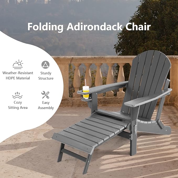 Giantex Folding Adirondack Chair, HDPE Patio Chairs Fire Pit Lounge Chair W/Retractable Ottoman & Cup Holder, Weatherproof Outdoor Adirondack Chairs for Porch, Garden, Backyard (1, Gray)