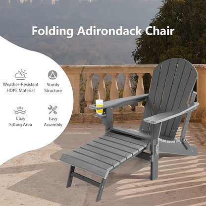 Giantex Folding Adirondack Chair, HDPE Patio Chairs Fire Pit Lounge Chair W/Retractable Ottoman & Cup Holder, Weatherproof Outdoor Adirondack Chairs for Porch, Garden, Backyard (1, Gray)