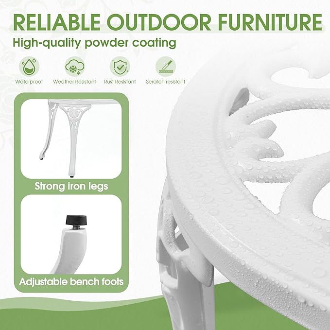 Outdoor Bench, Cast Aluminum Double Seating with Backrest and Armrests, Mental Outdoor Furniture for Patio, Porch, Garden, Park, White Rose