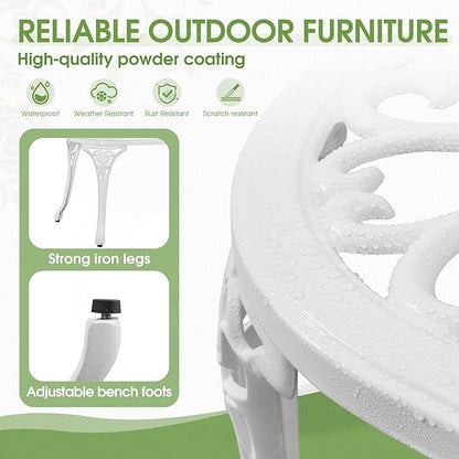 Outdoor Bench, Cast Aluminum Double Seating with Backrest and Armrests, Mental Outdoor Furniture for Patio, Porch, Garden, Park, White Rose