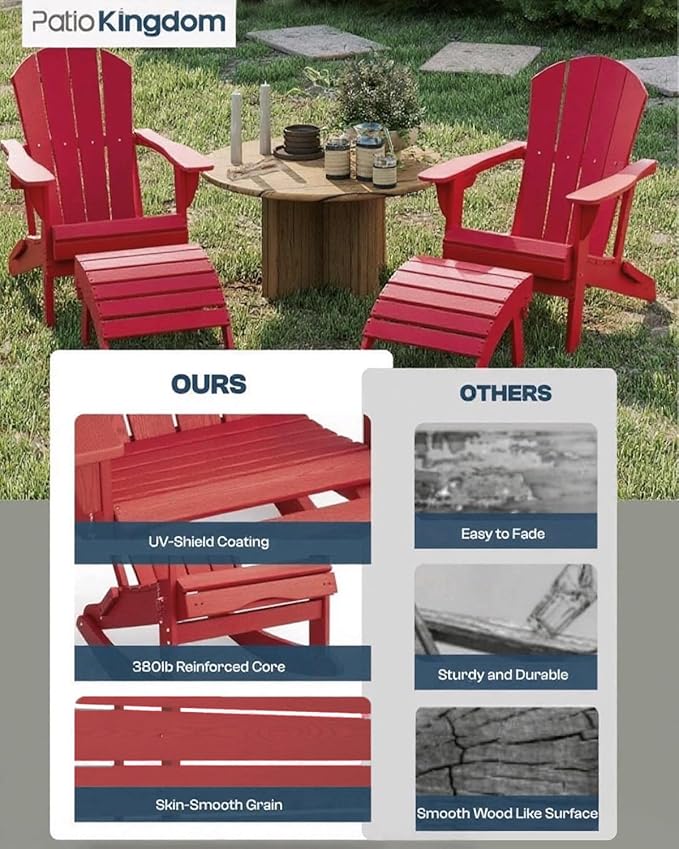 Red 6-Piece Folding Adirondack Chair Set with Cup Holders, Ottomans, Side Table & Beige 9FT Patio Umbrella with Base - Photo 9
