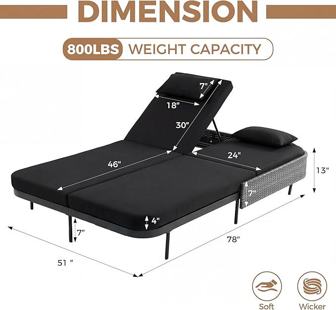 BULEXYARD 51.2" Double Chaise Lounge Outdoor, 2-Person PE Wicker Patio Daybed with Dual 5-Position Adjustable Backrest - Photo 2