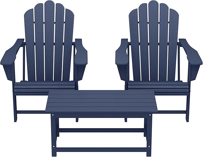 Costaelm Lakeview 3-Piece Adirondack Chairs with Cup Holders and Coffee Table Set, Navy Blue