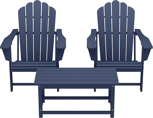 Costaelm Lakeview 3-Piece Adirondack Chairs with Cup Holders and Coffee Table Set, Navy Blue