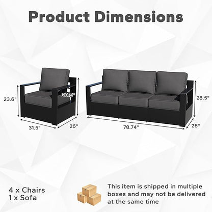 Outdoor Aluminum Furniture Set, 5-Piece Patio Conversation Set, 4 Chairs and 1 Sofa, All-Weather Metal Frame, 6" Thick Removable Cushions, Deep Setting for Garden, Poolside and Porch