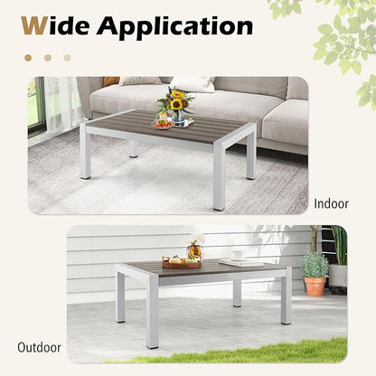 Tangkula Aluminum Outdoor Coffee Table, Modern Rectangular Cocktail Table with Plastic Wood Tabletop & Rustproof Aluminum Frame, All-Weather Accent Table for Patio, Poolside, Garden (Grey)