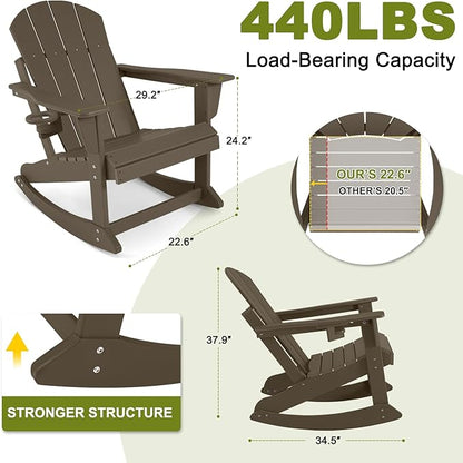 Outdoor Rocking Chair, HDPE Poly All-Weather Patio Rocking Chairs with Cup Holder for Adults, Porch Rocker for Deck Patio Balcony, 440lbs, Dark Brown
