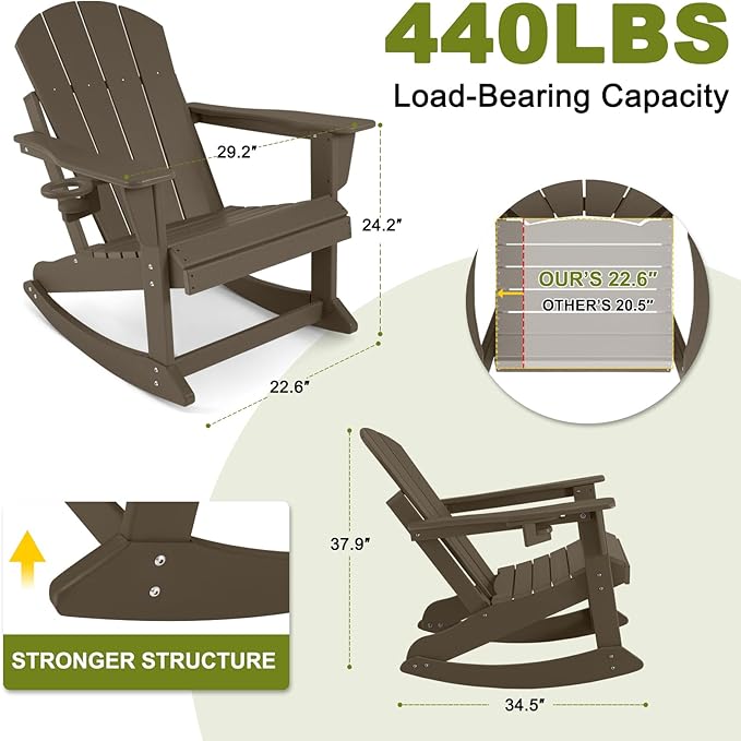 Outdoor Rocking Chairs Set of 2, HDPE Poly All-Weather Patio Rocking Chairs with Cup Holder for Adults, Porch Rocker for Deck Patio Balcony, 440lbs, Dark Brown