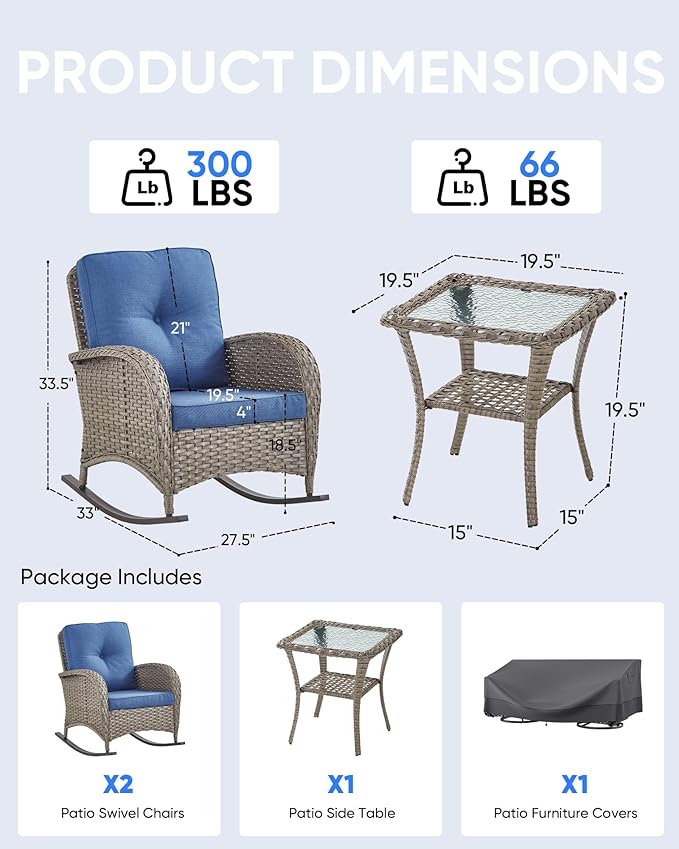 Outdoor Rocking Chairs Set of 2-Patio Table and Chairs Set Outdoor Conversation Furniture Sets for Deck Porch Garden Balcony Poolside-Grey/Blue