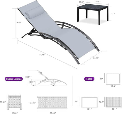 PURPLE LEAF Patio Oversized Chaise Lounge Chair Set with 2 Side Table Pool Adjustable Recliner Chairs for Outside Beach Outdoor Sunbathing Tanning Poolside Lounges