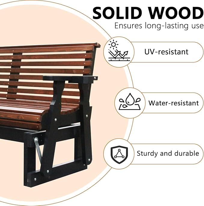 3-Seater Outdoor Glider Chair, 5FT Wood Porch Glider with High Roll Back, Cupholders and Deep Contoured for Porch, Garden, Dark Brown and Dark Grey