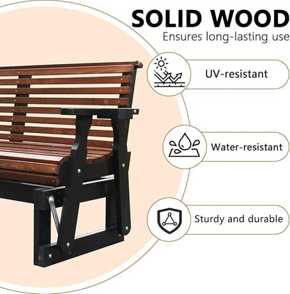 3-Seater Outdoor Glider Chair, 5FT Wood Porch Glider with High Roll Back, Cupholders and Deep Contoured for Porch, Garden, Dark Brown and Dark Grey